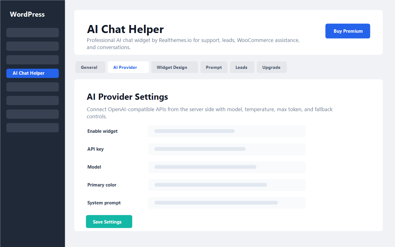 AI provider settings for AI Chat Helper