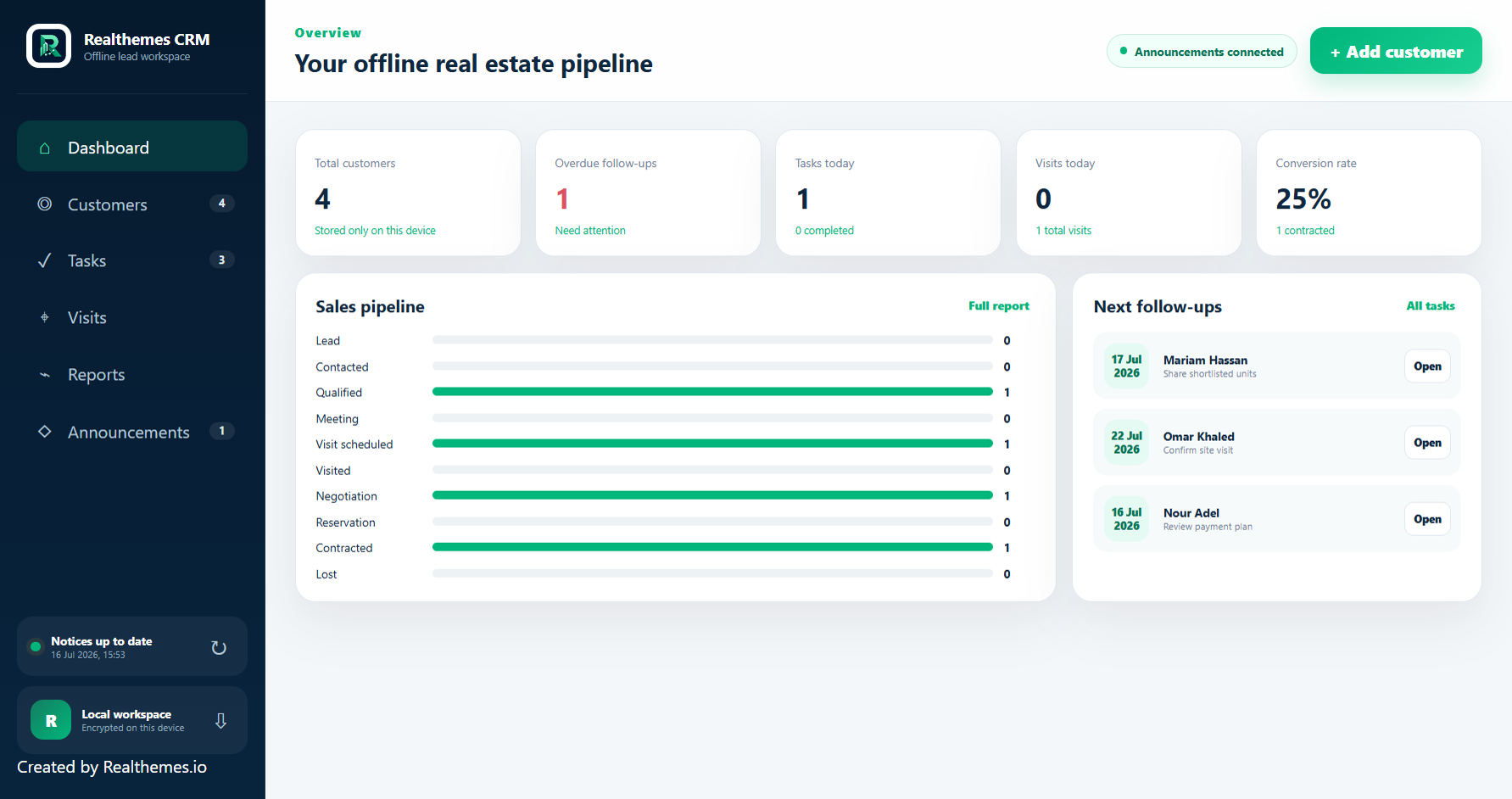 Realthemes CRM customer dashboard on Windows