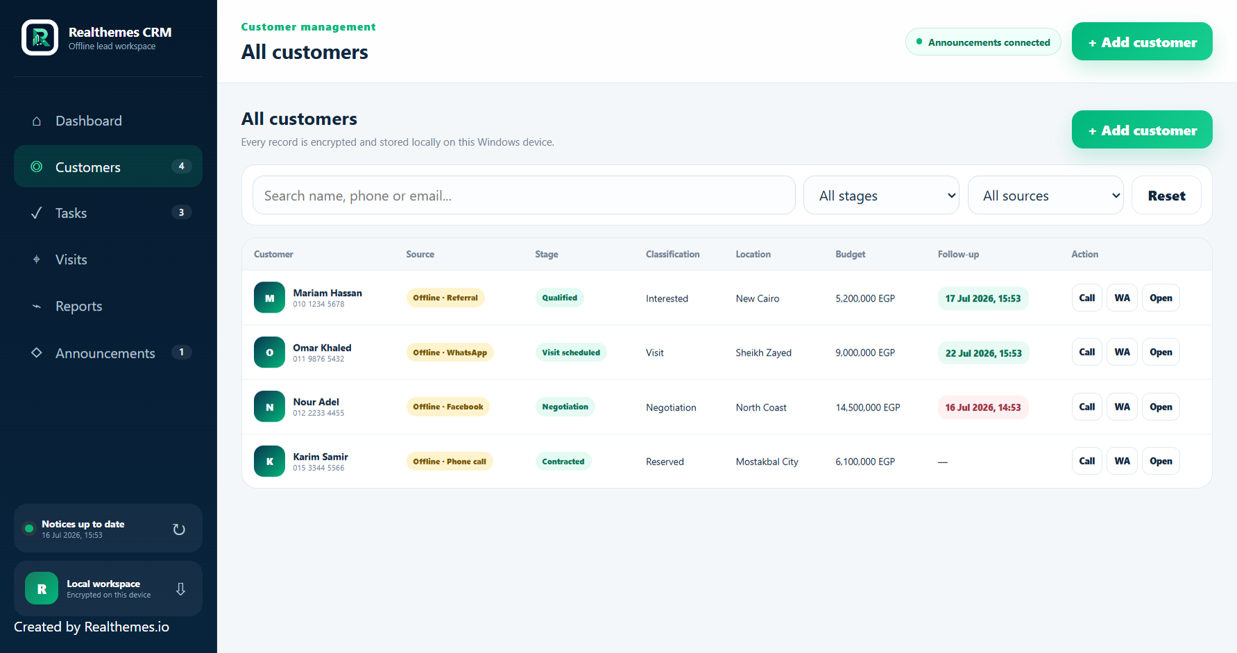 Realthemes CRM offline customer workspace